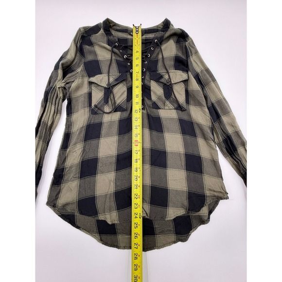 Express Plaid Lace-Up‎ Long Sleeve Top Womens Small Olive Green Black Casual - Picture 16 of 16
